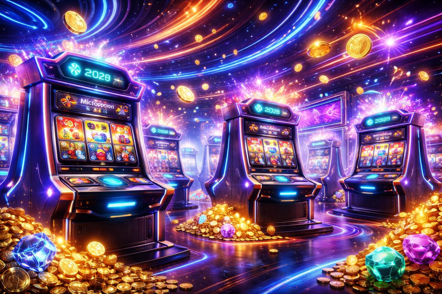 Lingkungan kasino futuristik dengan beberapa mesin slot modern yang menampilkan simbol jackpot yang bersinar dan layar holografik yang menunjukkan permainan slot aktif.