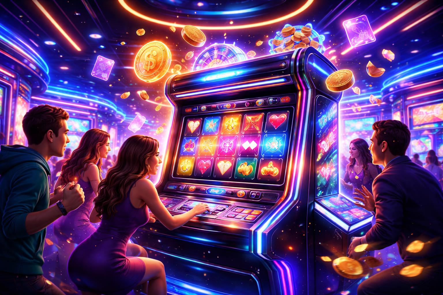 Suasana kasino futuristik dengan mesin slot modern dan pemain yang sedang bermain dengan penuh semangat.