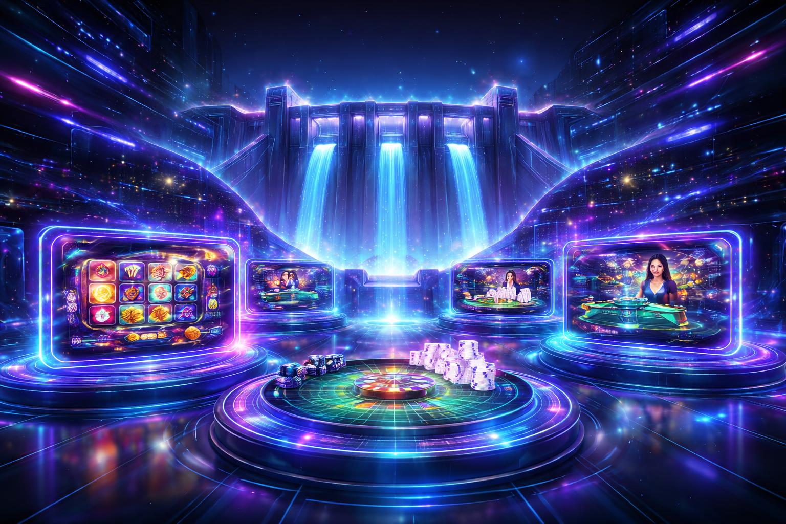 Pemandangan 3D dari sebuah ruang permainan digital futuristik dengan antarmuka permainan mengambang dan latar belakang bendungan digital yang mengalirkan air neon biru.