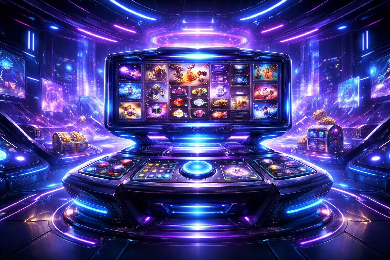 Tampilan antarmuka permainan digital futuristik dengan layar holografik dan latar belakang kota modern yang penuh cahaya neon.