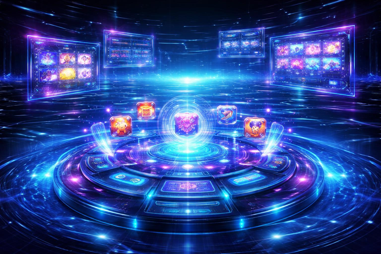 Antarmuka permainan futuristik dengan panel holografik dan efek air digital di latar belakang.
