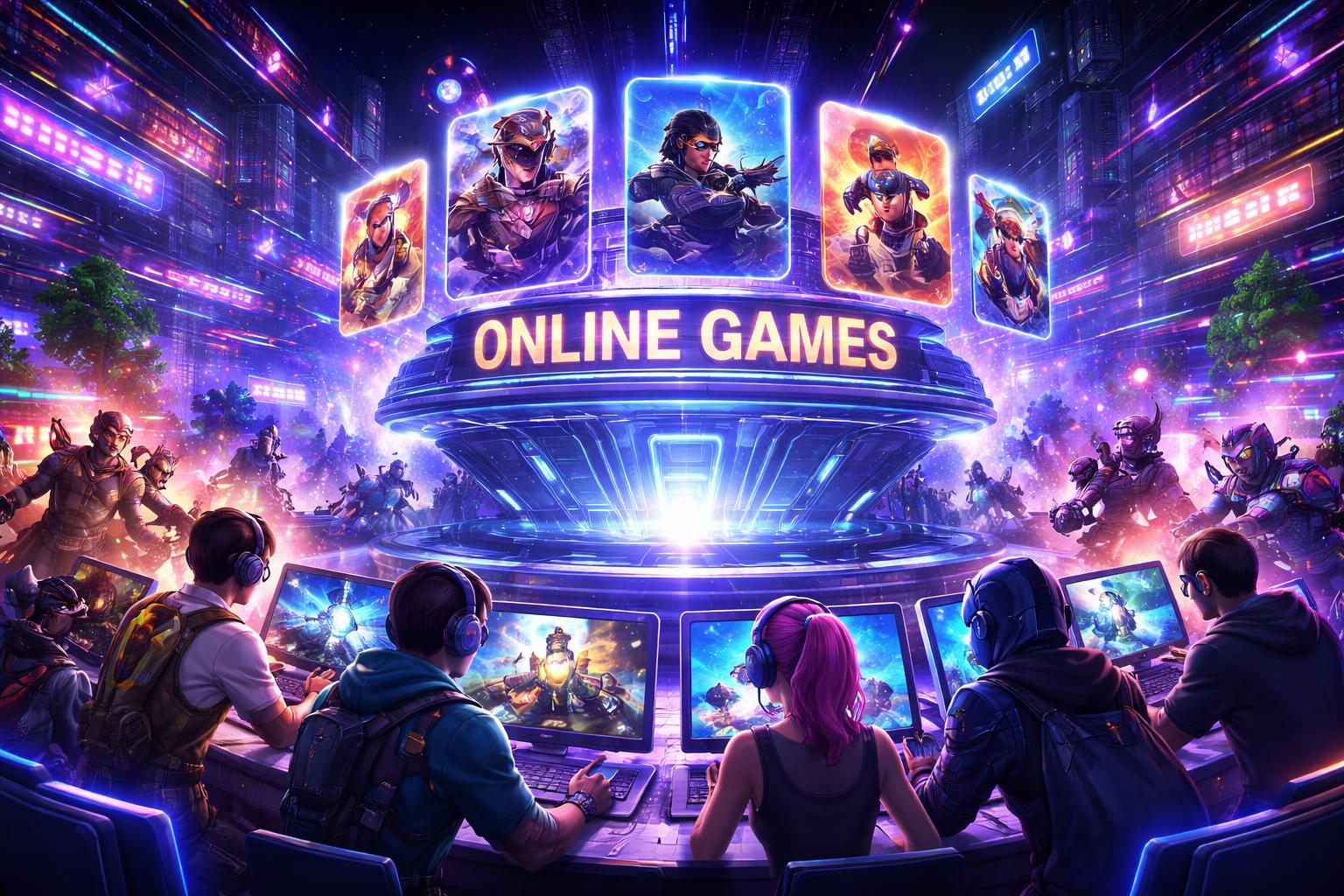 Suasana pusat permainan online futuristik dengan karakter game yang beragam dan latar kota digital bercahaya neon.