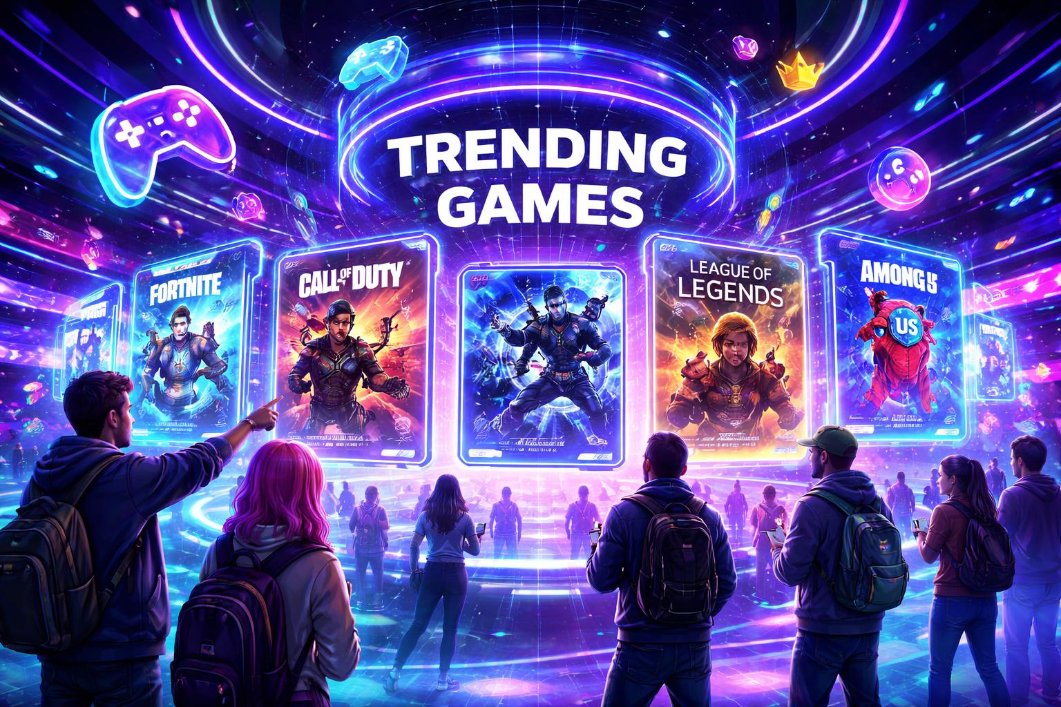 Suasana pusat permainan digital futuristik dengan avatar pemain yang berinteraksi di sekitar ikon permainan dan papan peringkat virtual yang menyala.