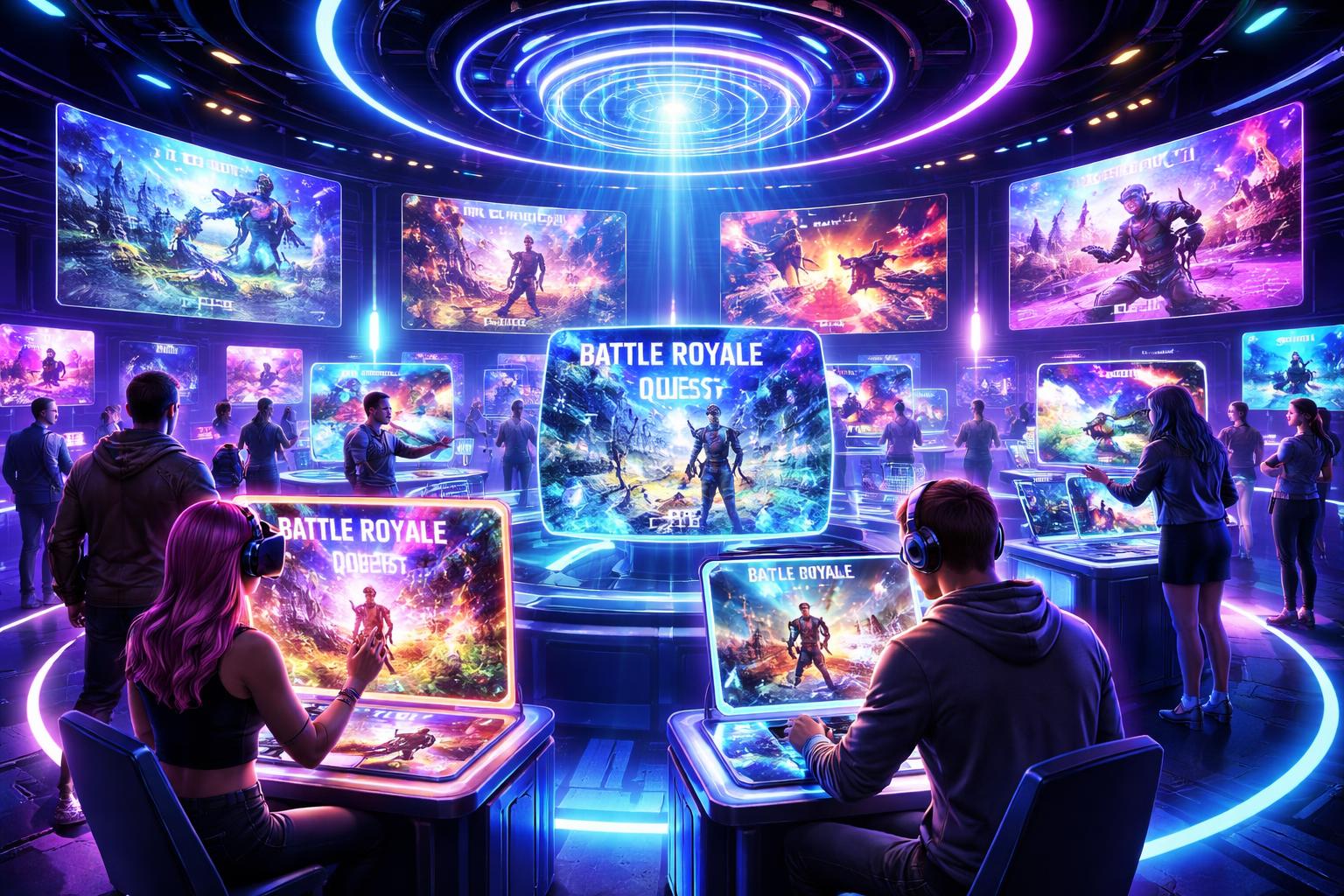 Sebuah ruang permainan futuristik dengan hologram dan layar digital yang menampilkan dunia game online yang penuh warna dan aktivitas.