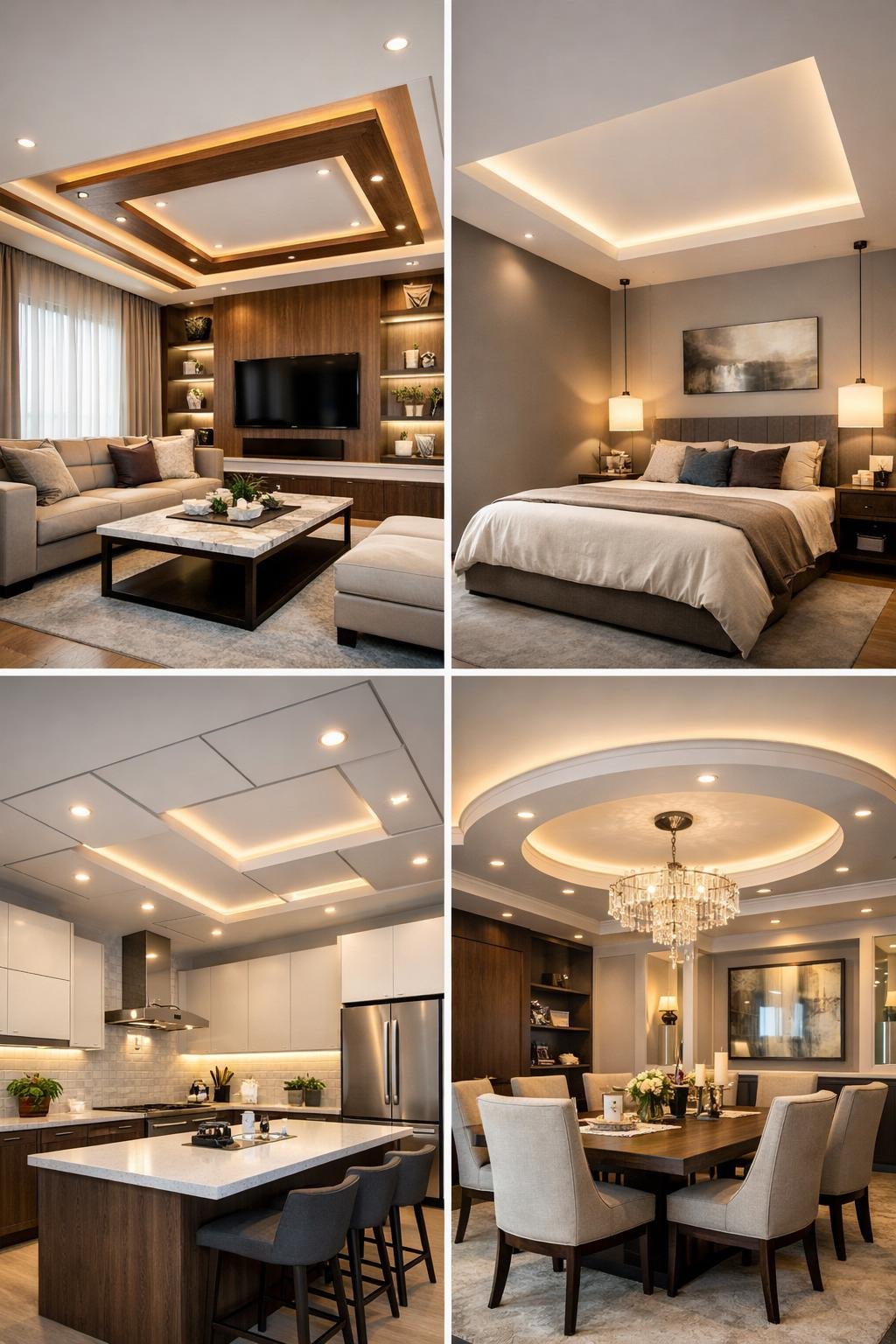 Four modern rooms including a living room, bedroom, kitchen, and dining area, each showing different false ceiling designs with lighting and contemporary furnishings.