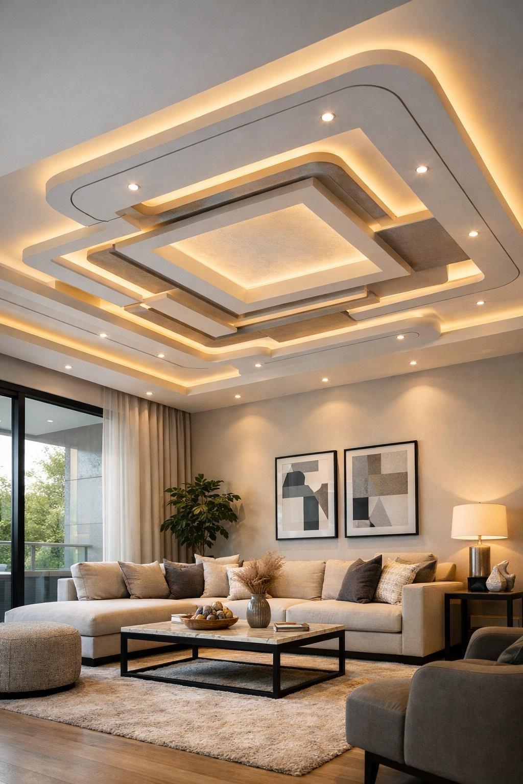 A bright living room with a modern layered ceiling design, comfortable sofa, coffee table, and large windows letting in natural light.