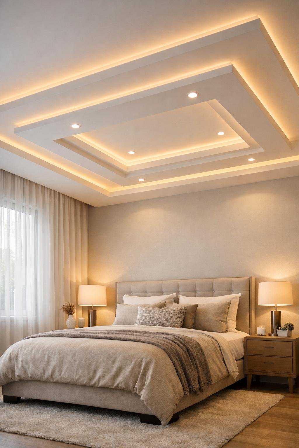 A cozy bedroom with a comfortable bed and a modern false ceiling with recessed lighting.