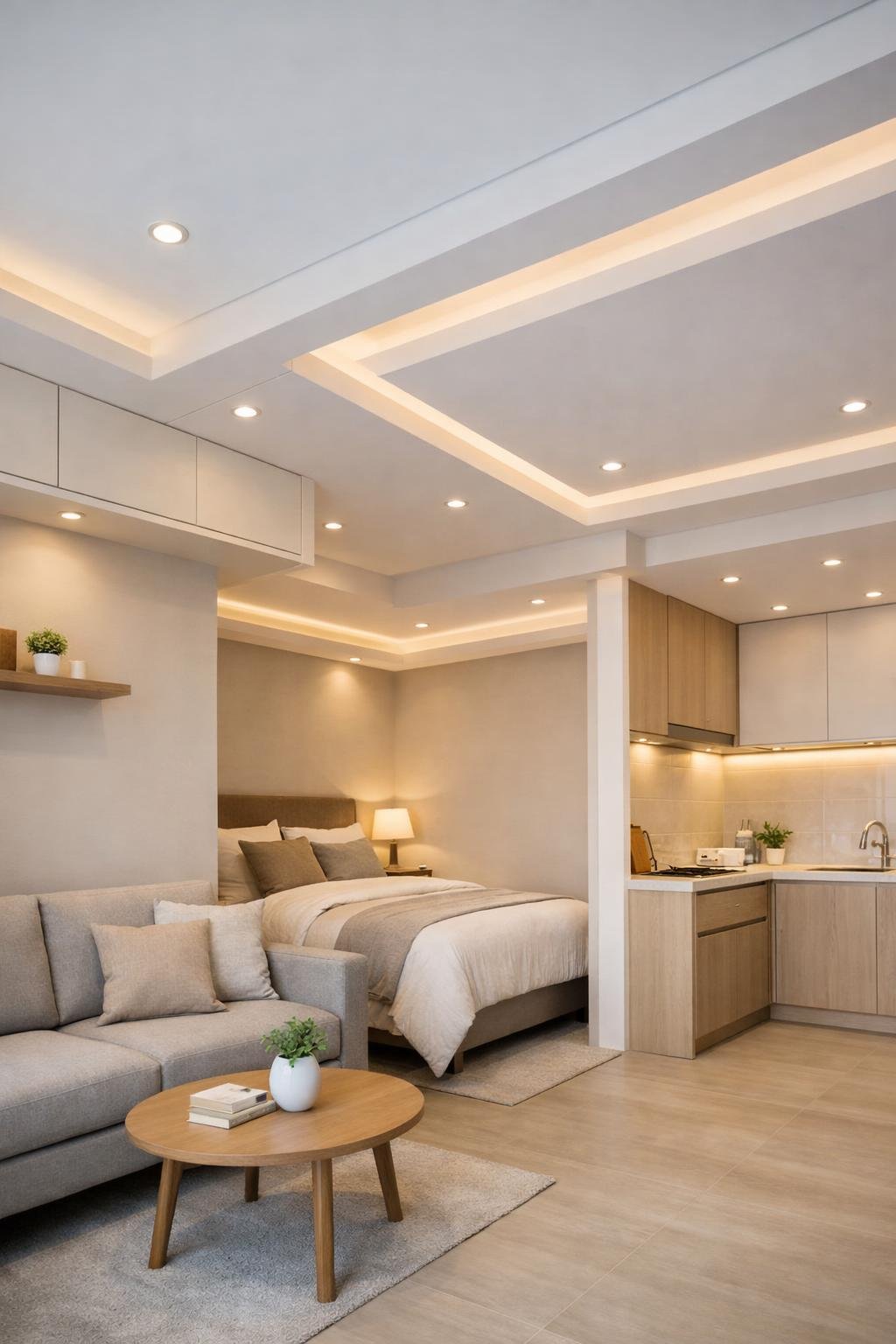 A compact living space with a living room, bedroom, and kitchen featuring modern false ceiling designs with integrated lighting and clean lines.