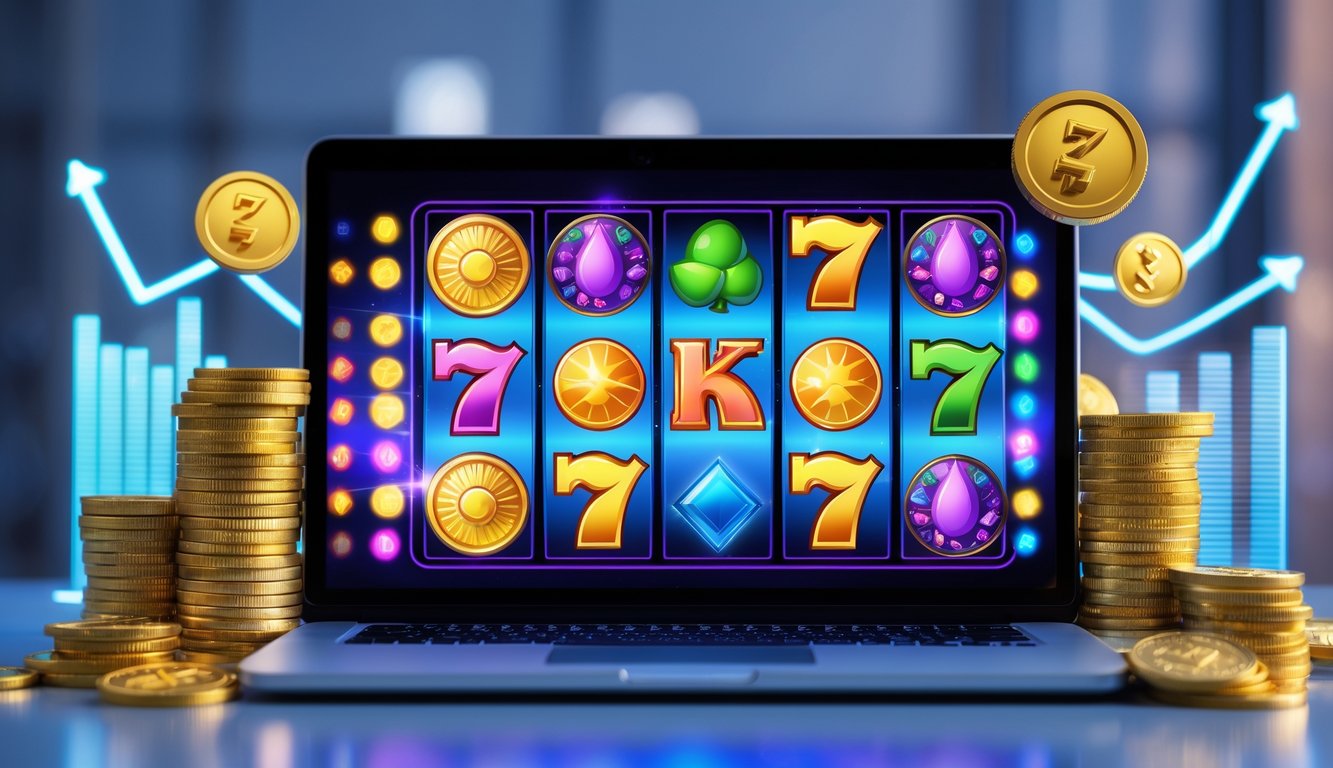 Layar komputer menampilkan mesin slot online dengan simbol berwarna cerah dan tumpukan koin emas di sekitarnya, menggambarkan permainan slot dengan jackpot progresif dan RTP tinggi.