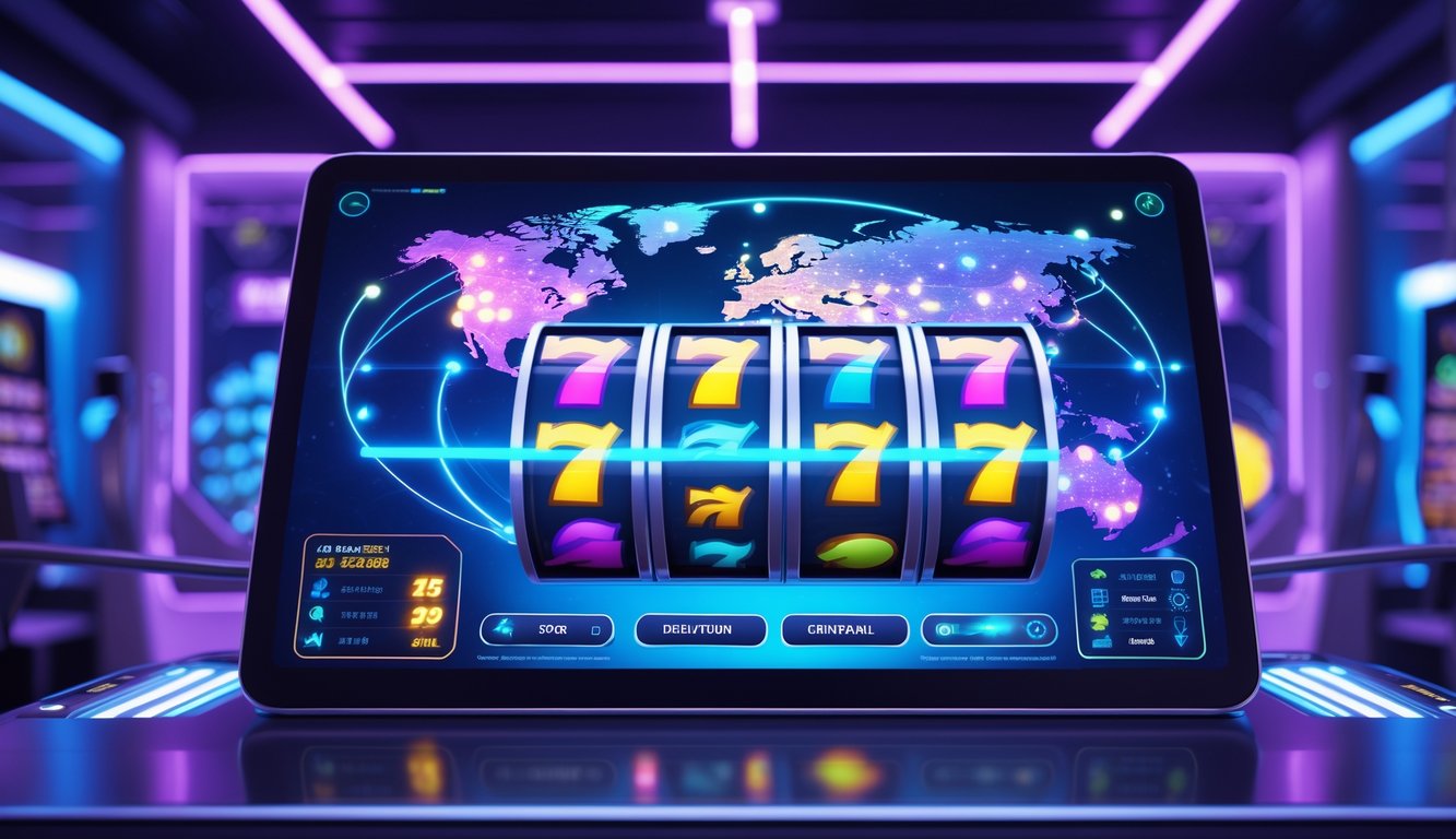 Tampilan antarmuka permainan slot online dengan layar sentuh dan peta jaringan global di latar belakang.