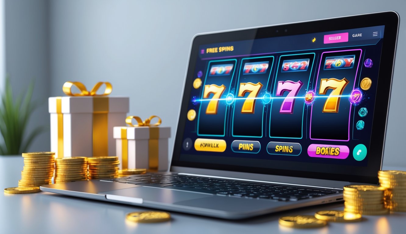 Sebuah ruang kerja modern dengan komputer yang menampilkan permainan slot online dan koin emas di sekitarnya.