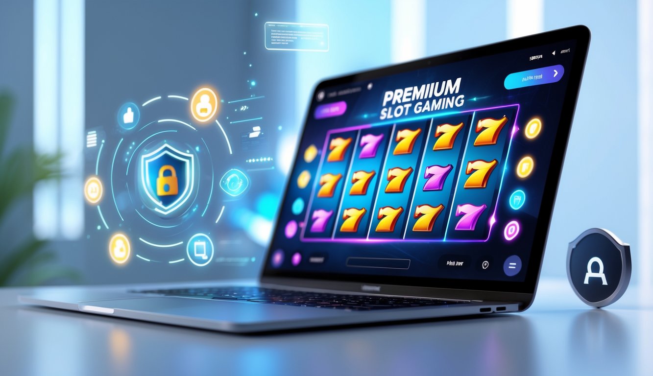 Sebuah komputer menampilkan permainan slot online dengan ikon transaksi instan dan simbol keamanan di sekitarnya.