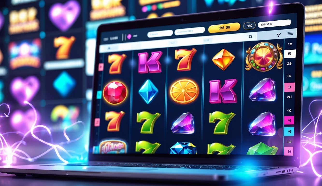 Layar komputer menampilkan permainan slot online dengan berbagai simbol warna-warni dan suasana yang menarik.