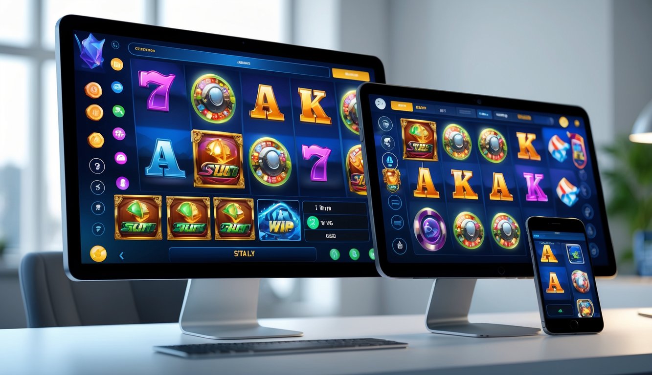 Antarmuka platform slot online modern dengan grafis warna-warni dan elemen permainan interaktif pada layar komputer dan ponsel di meja kerja.