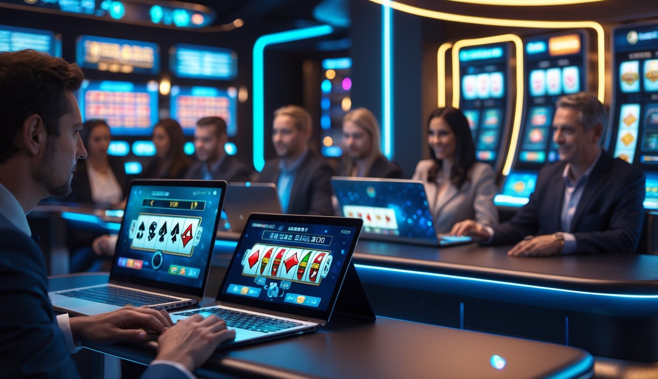 Beberapa orang bermain judi online menggunakan laptop dan tablet di lingkungan digital modern dengan layar menampilkan permainan kasino.