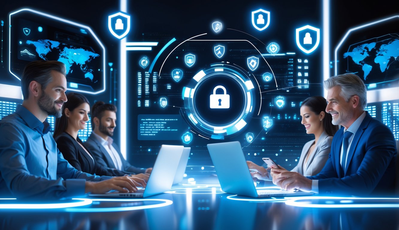 Orang-orang menggunakan laptop dan ponsel di lingkungan digital modern dengan simbol keamanan dan transaksi cepat.