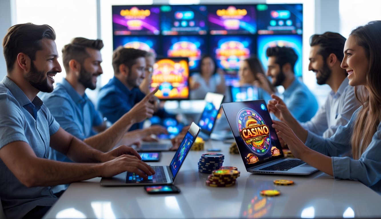 Beberapa orang menggunakan perangkat digital untuk bermain game judi online di ruangan modern dengan layar-layar yang menampilkan berbagai permainan cepat dan berwarna-warni.