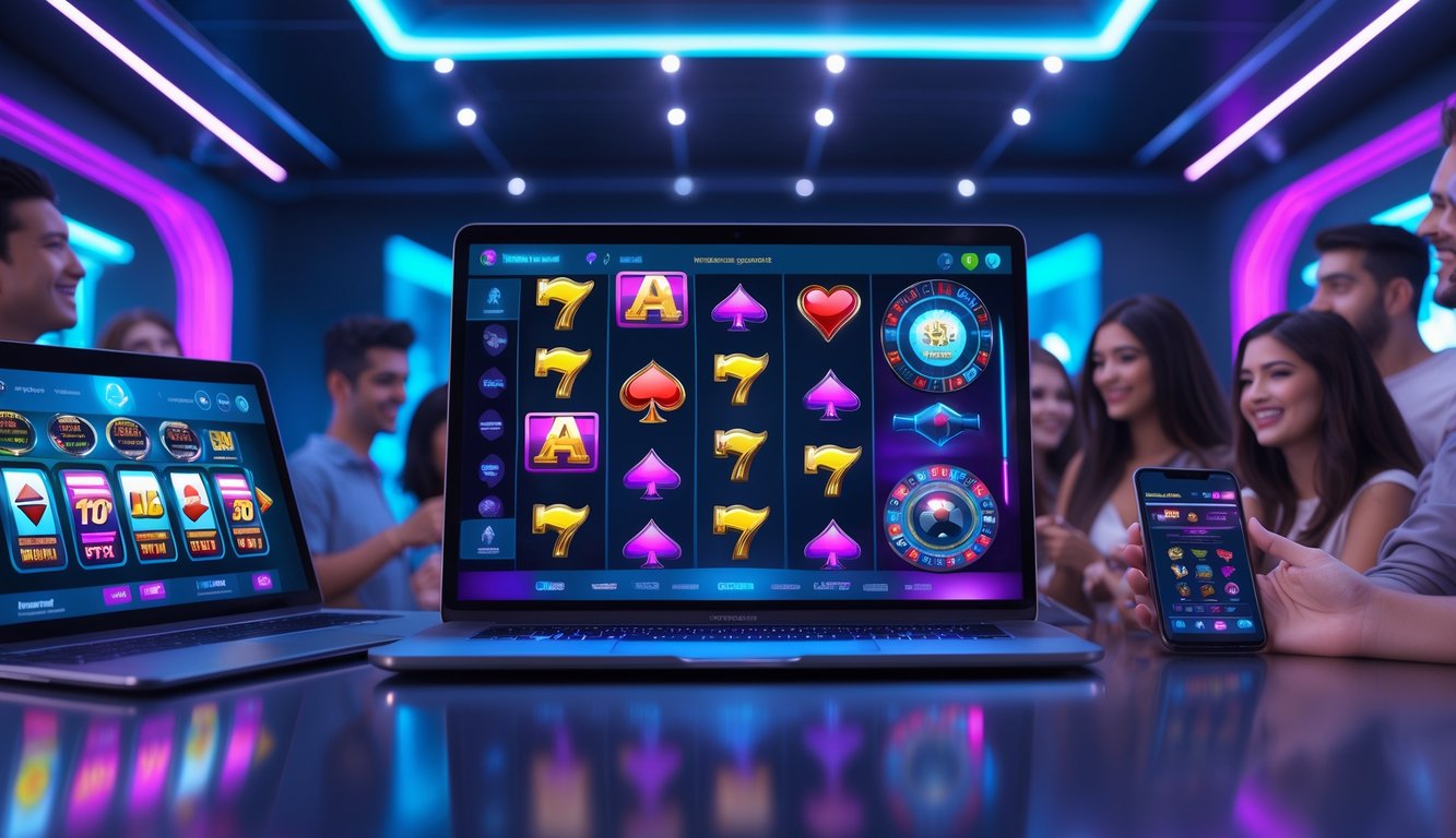 Beberapa orang muda menggunakan laptop, tablet, dan ponsel untuk bermain permainan judi online dengan tampilan antarmuka modern dan interaktif.