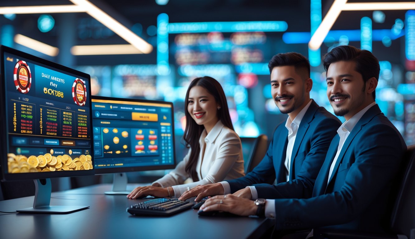 Seorang pria dan wanita duduk di meja dengan beberapa monitor komputer yang menampilkan permainan kasino online di sebuah kantor modern.