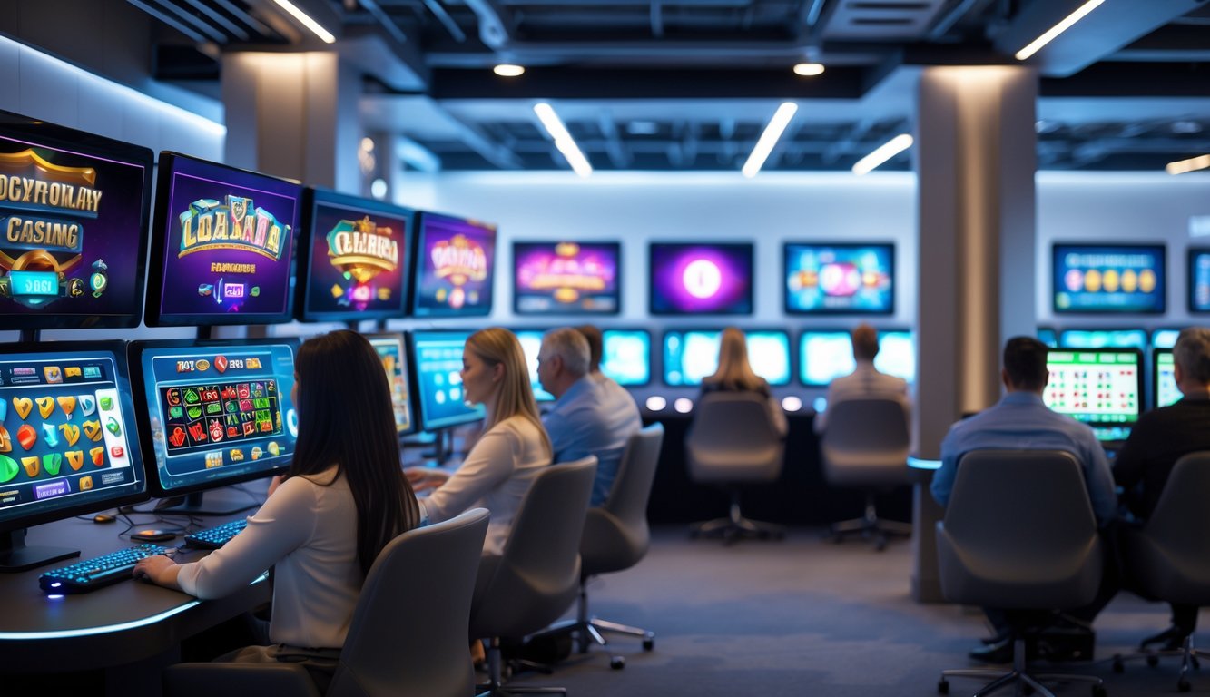 Beberapa orang dewasa sedang bermain permainan kasino online di sebuah ruang permainan modern dengan komputer dan suasana yang terang dan nyaman.