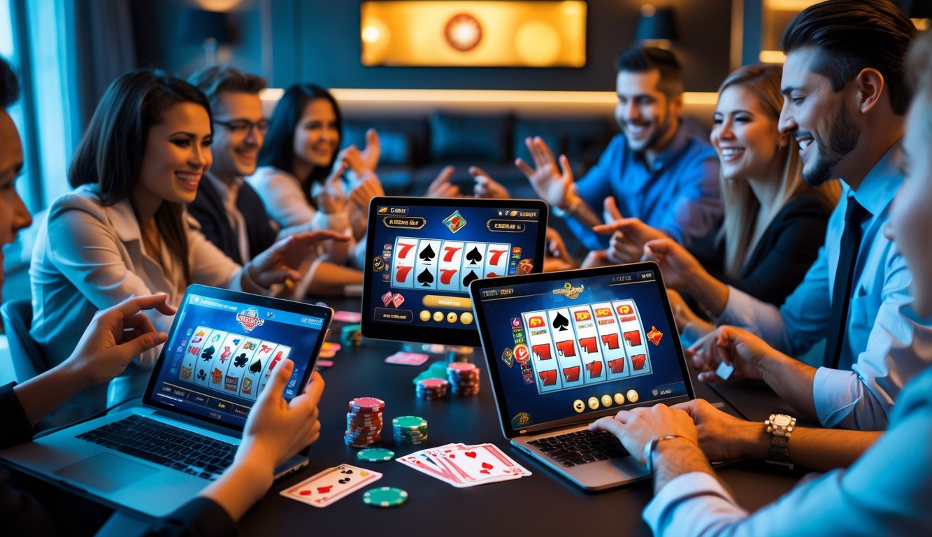 Sekelompok orang bermain judi online dengan perangkat digital di ruang modern yang nyaman.