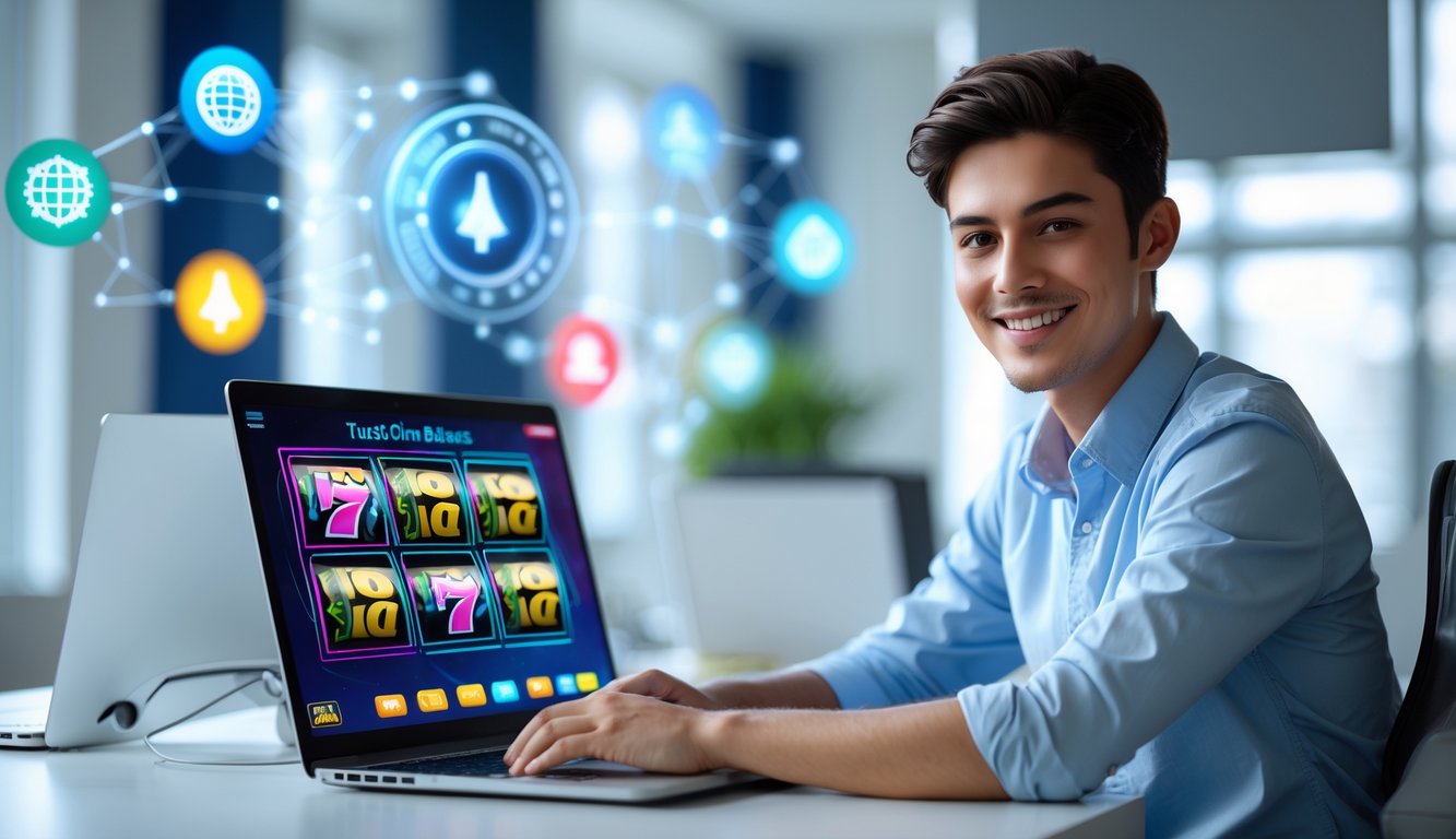 Seorang dewasa muda tersenyum menggunakan laptop dengan tampilan permainan slot online di layar dalam ruangan kantor yang terang dan bersih.