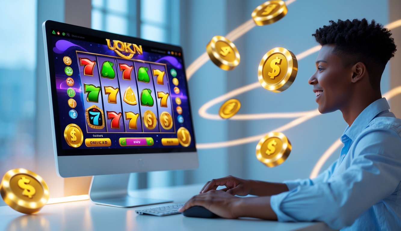 Seorang pemain muda sedang menggunakan komputer dengan layar menampilkan permainan slot online yang berwarna-warni dan menarik.