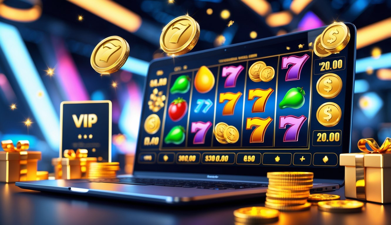 Sebuah layar komputer menampilkan permainan slot online dengan simbol warna-warni, dikelilingi oleh kartu VIP emas dan koin berkilau di latar belakang lounge modern.
