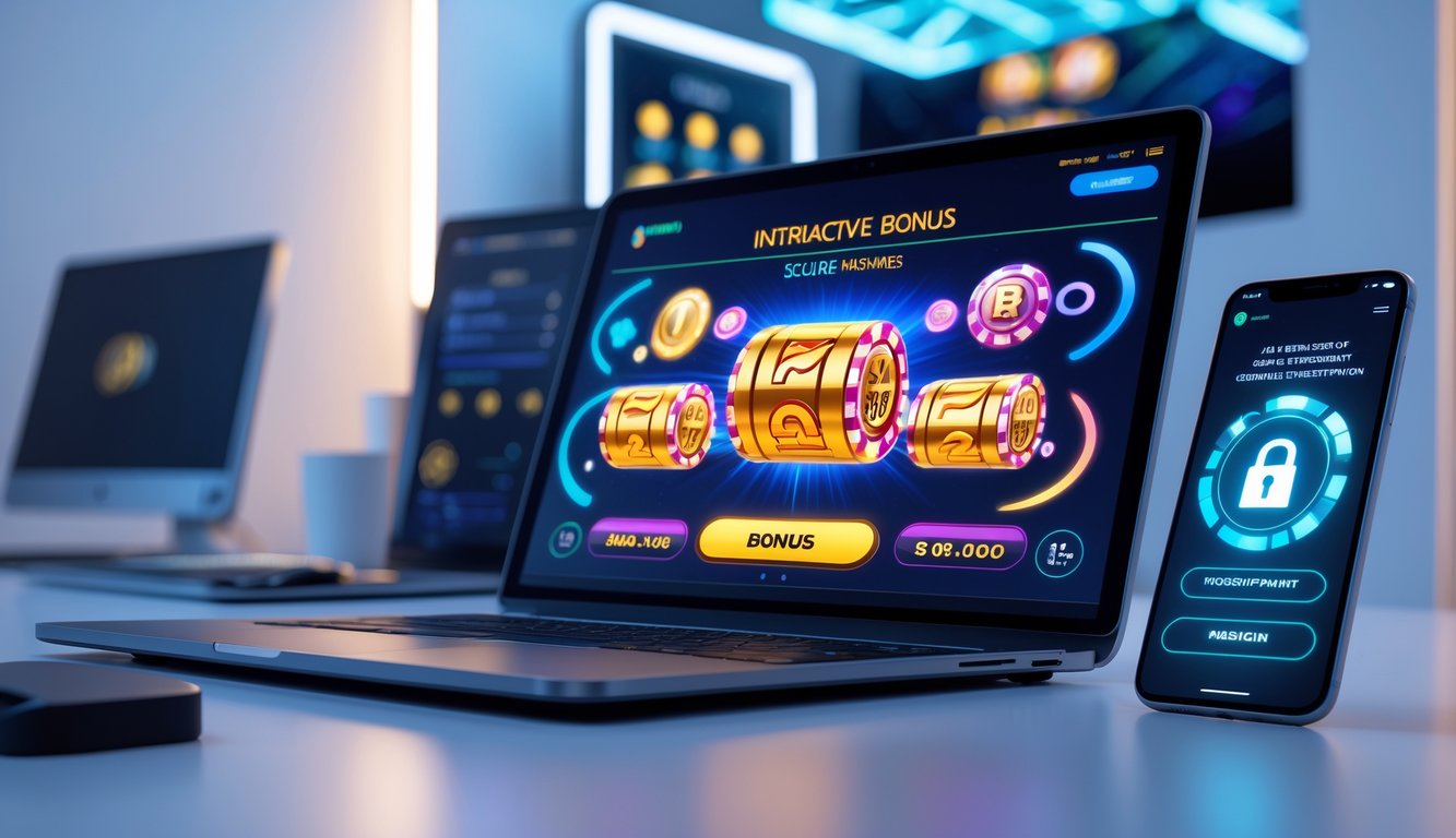 Seorang pengguna sedang bermain game slot online modern di laptop dengan ponsel di samping yang menunjukkan konfirmasi transaksi aman.