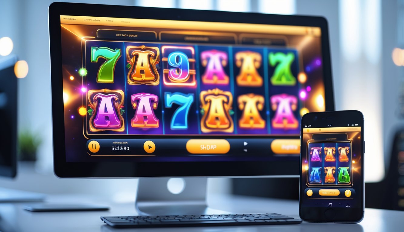 Tampilan antarmuka permainan slot online dengan visual warna-warni dan perangkat modern di atas meja kerja.