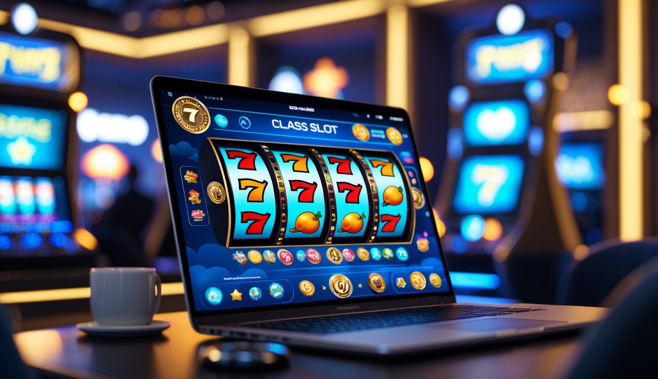 Layar komputer menampilkan permainan mesin slot online dengan simbol warna-warni, dikelilingi suasana ruangan permainan digital yang modern dan terang.