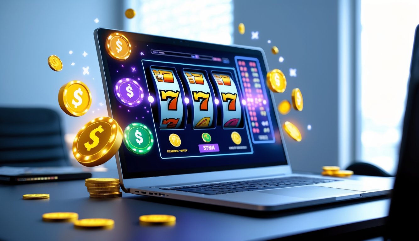 Sebuah ruang kerja modern dengan komputer menampilkan permainan slot online yang berwarna-warni dan elemen koin serta simbol jackpot di sekitarnya.