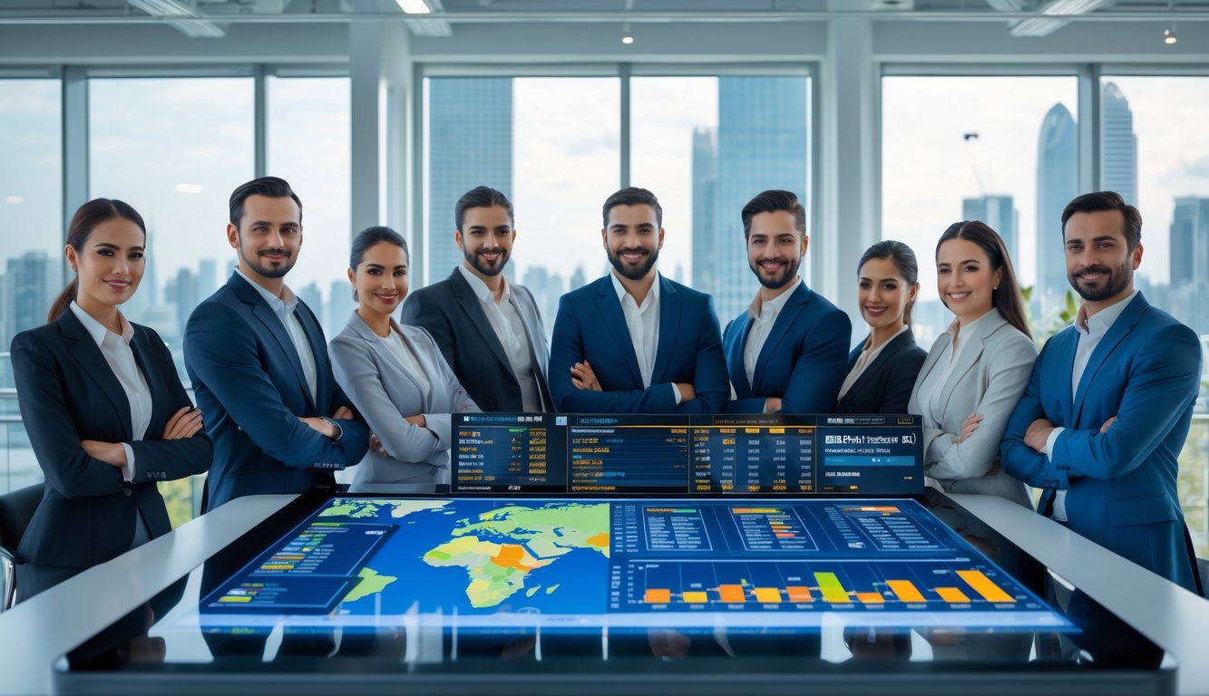 Sekelompok profesional sedang berdiskusi di sekitar meja digital dengan peta dunia dan grafik taruhan di kantor modern.