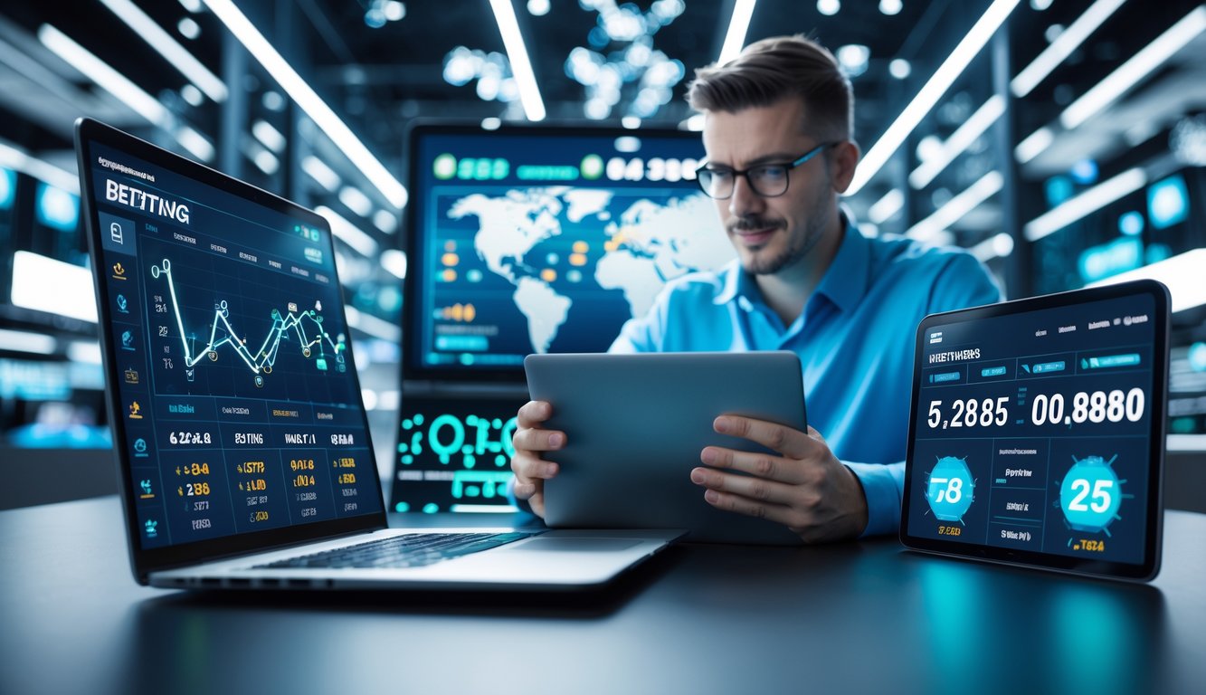 Seseorang menggunakan laptop dan ponsel di lingkungan modern dengan layar digital yang menampilkan grafik dan ikon olahraga.