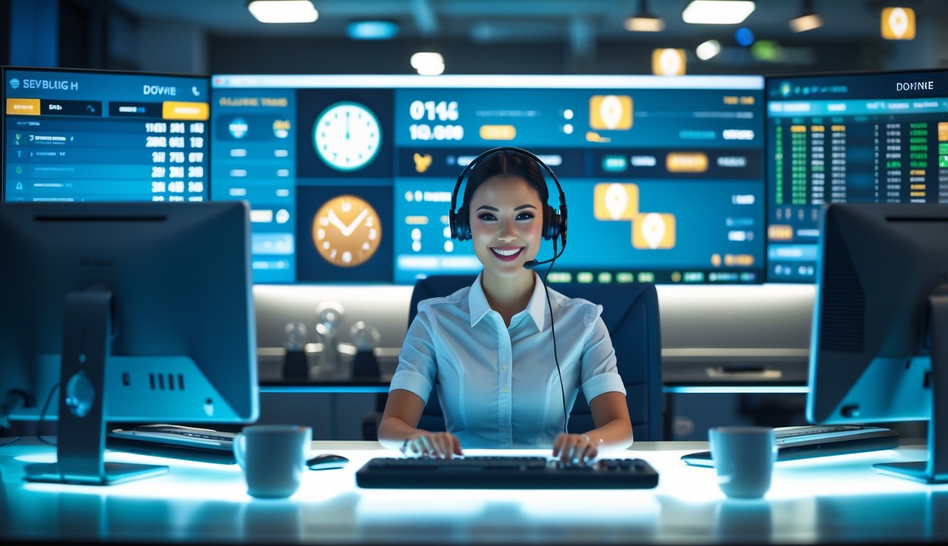 Seorang perwakilan layanan pelanggan yang profesional duduk di depan komputer dengan beberapa layar menampilkan statistik taruhan dan suasana kantor modern.