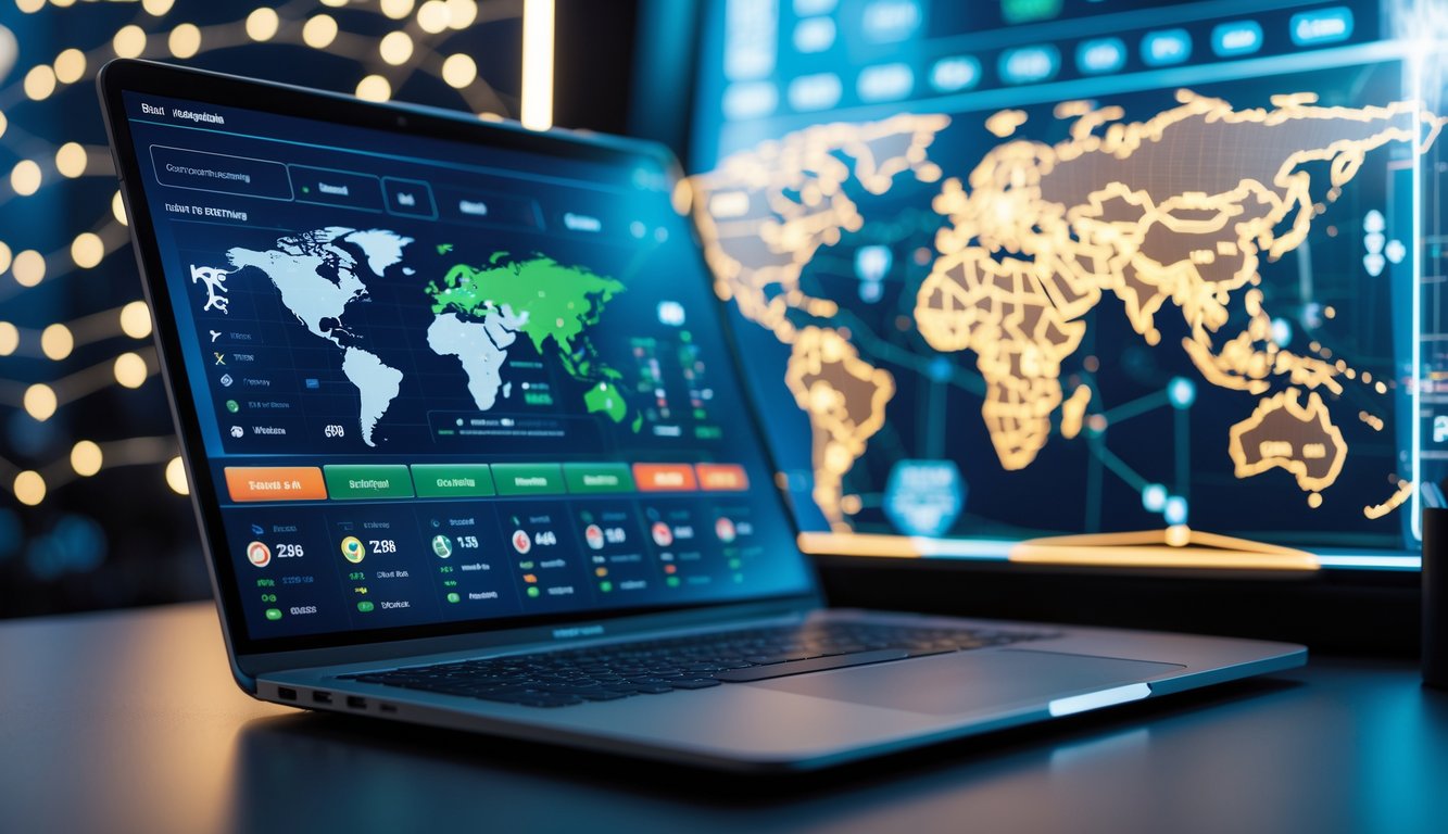 Meja kerja modern dengan laptop yang menampilkan antarmuka taruhan olahraga internasional, latar belakang peta dunia yang menyala dengan garis jaringan menghubungkan berbagai negara.