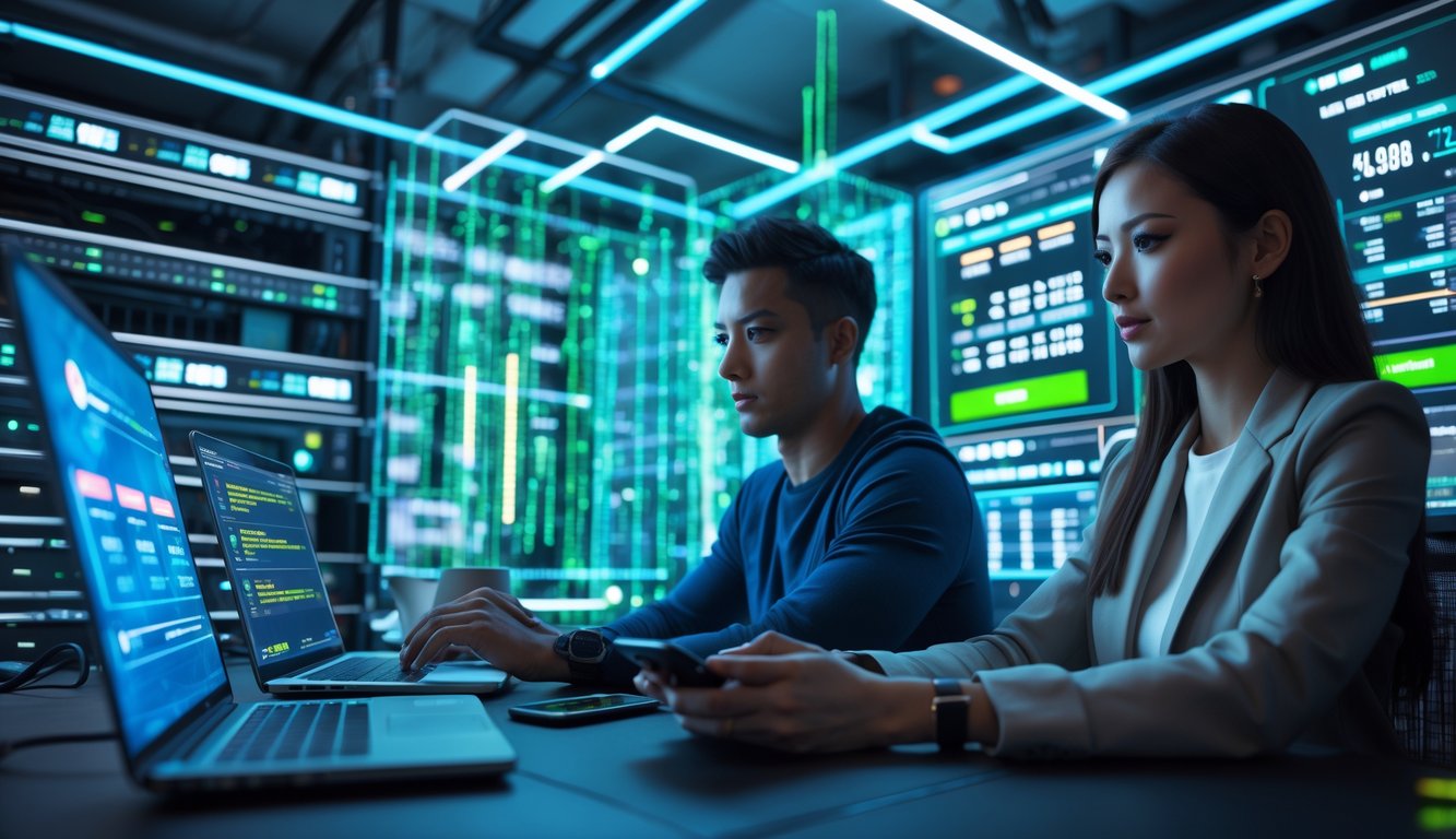 Dua orang muda menggunakan laptop dan ponsel di ruangan dengan server komputer modern dan tampilan digital di sekitar mereka.