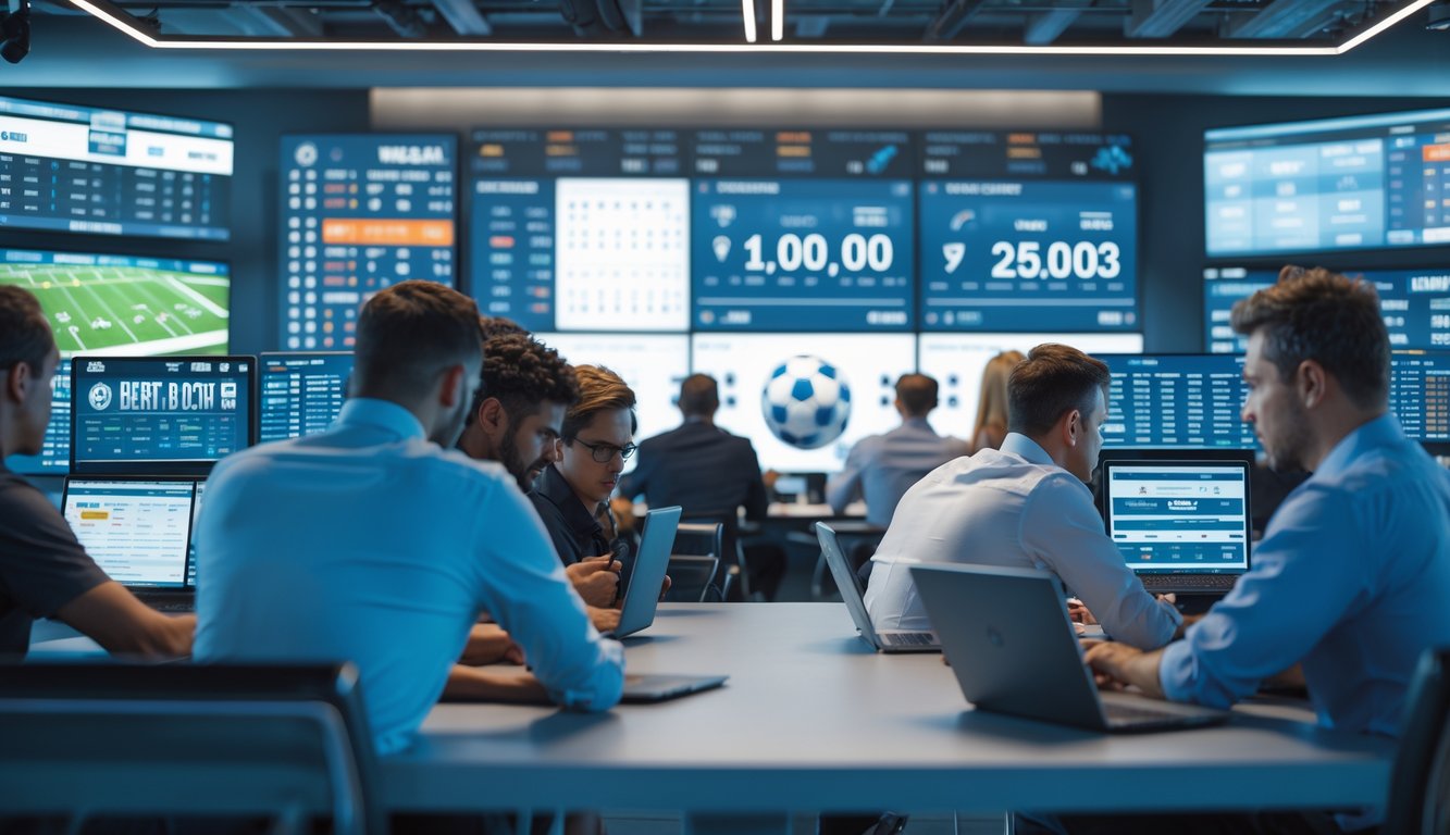 Orang-orang fokus melihat layar digital besar yang menampilkan peluang tinggi dan statistik taruhan olahraga.