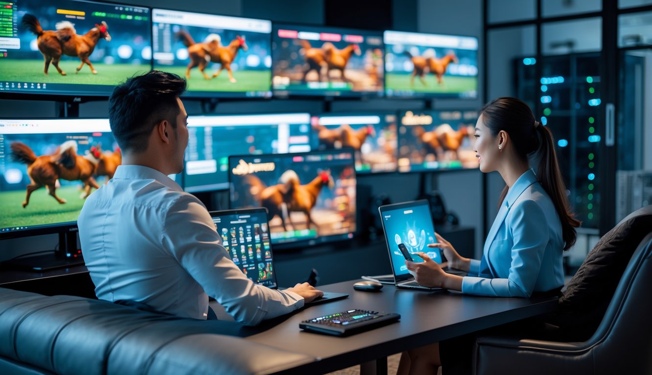 Dua orang sedang menonton pertandingan sabung ayam secara online di ruang tamu modern dengan beberapa layar komputer yang menampilkan pertandingan secara langsung.