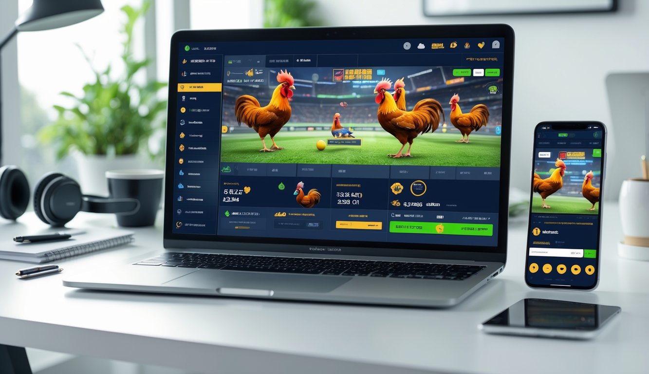 Seorang pengguna melihat platform judi sabung ayam online modern dengan gameplay interaktif dan fitur waktu nyata di layar laptop dan ponsel di meja kerja.