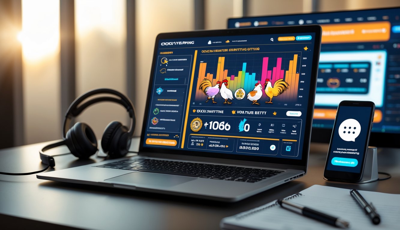 Seorang pengguna di depan laptop dengan layar menampilkan antarmuka taruhan sabung ayam online, dikelilingi alat dukungan pelanggan seperti headset dan smartphone.