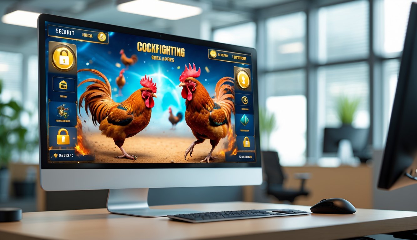 Sebuah meja kerja modern dengan komputer menampilkan permainan sabung ayam online, dikelilingi simbol keamanan dan keadilan.