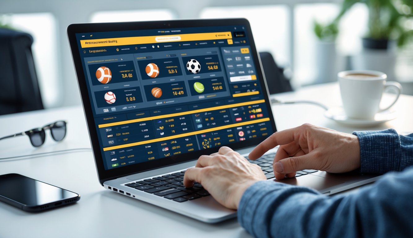Seseorang menggunakan laptop dengan tampilan situs taruhan olahraga online di meja kerja yang rapi.