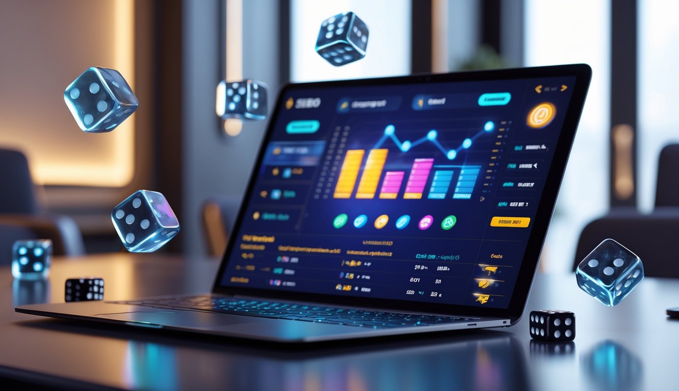 Sebuah perangkat digital menampilkan permainan Sicbo online dengan dadu transparan mengambang dan grafik peluang menang di latar belakang ruangan modern.