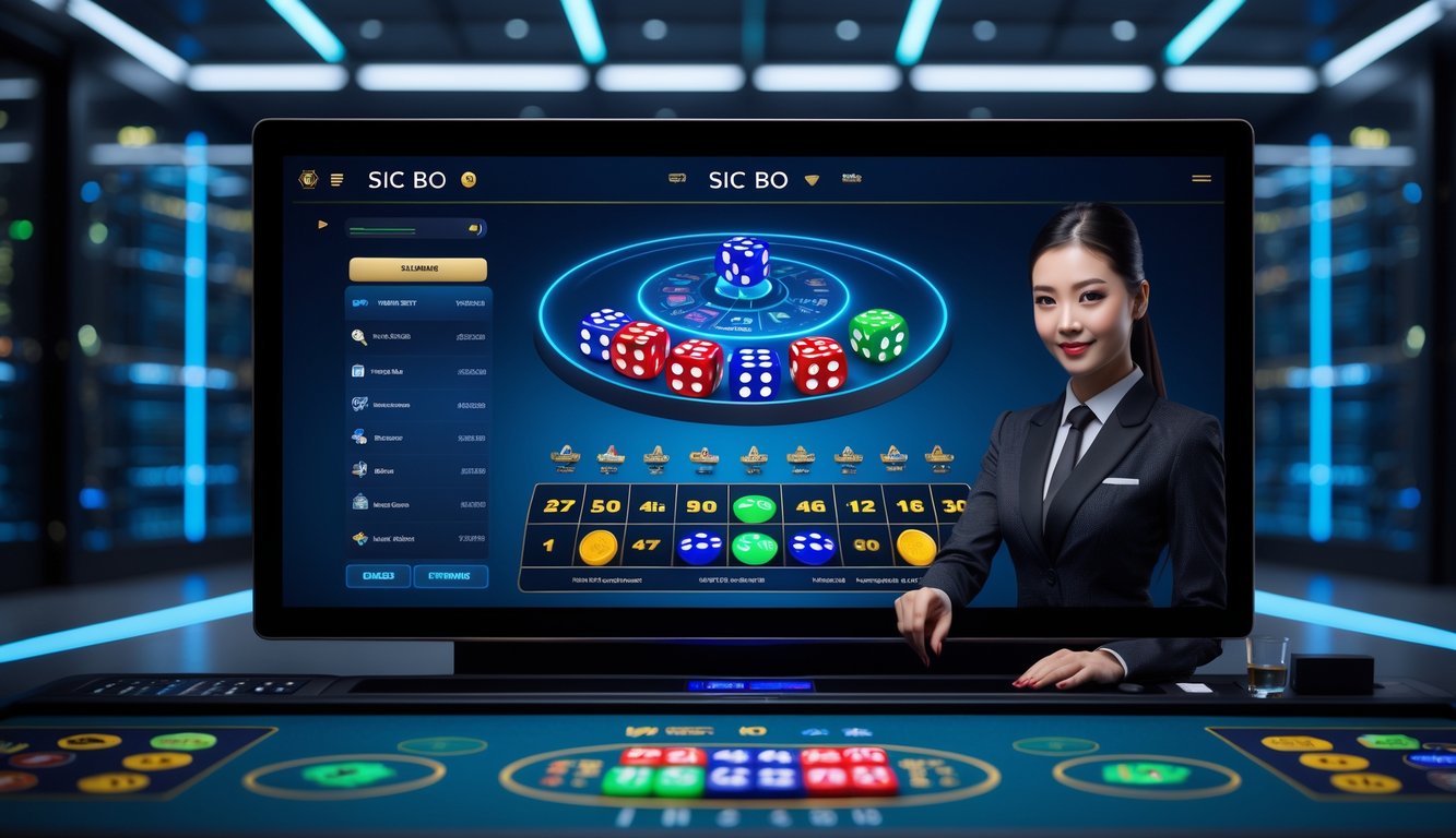 Seorang dealer profesional mengelola permainan Sic Bo online dengan layar digital dan latar belakang ruang server berteknologi tinggi.