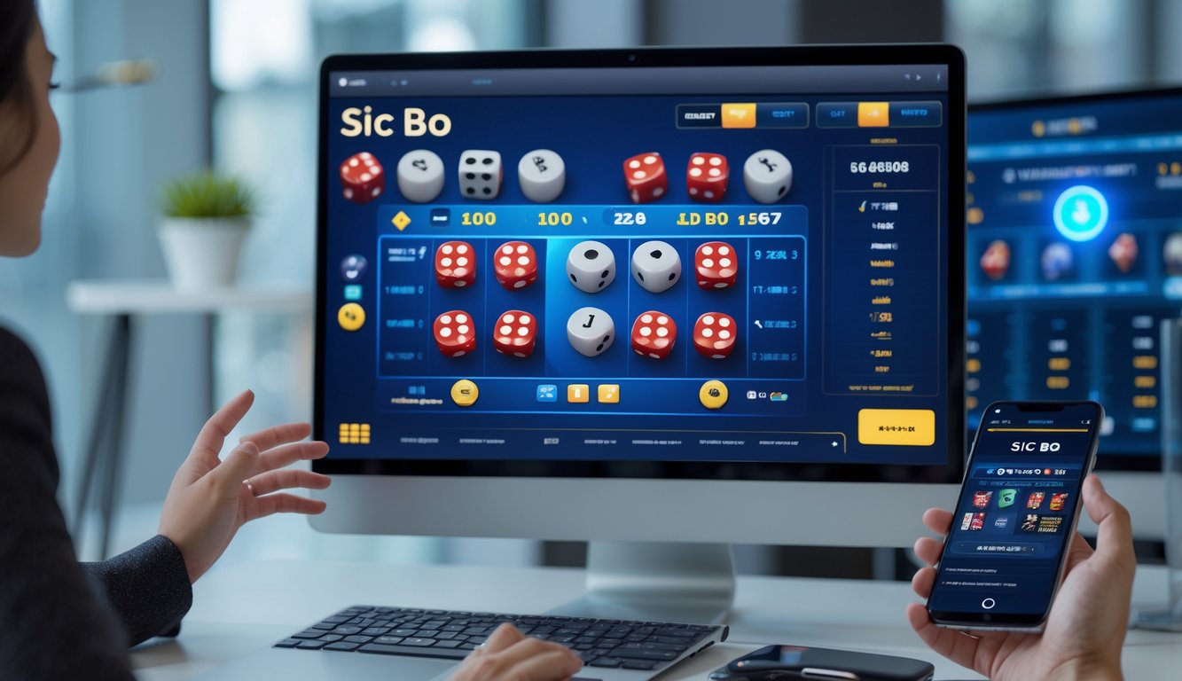 Seseorang menggunakan komputer dan ponsel untuk bermain permainan Sic Bo online dengan tampilan antarmuka digital yang menampilkan dadu dan opsi taruhan.