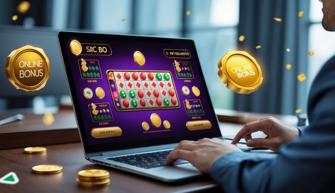 Seseorang menggunakan komputer dengan tampilan permainan Sic Bo online yang menampilkan dadu dan opsi taruhan, di meja kerja yang rapi dan terang.