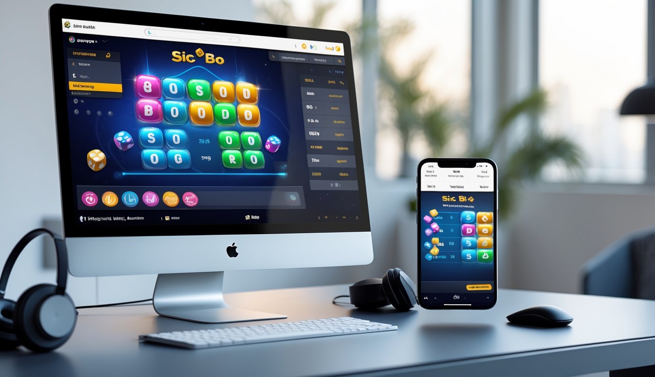 Tampilan platform Sic Bo online modern dengan antarmuka permainan interaktif pada komputer dan ponsel di meja kantor.