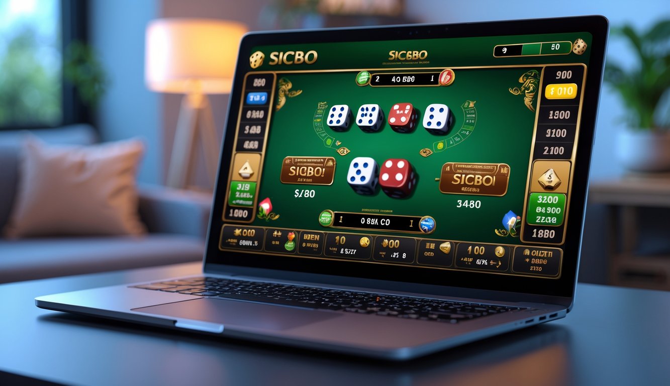 Layar laptop menampilkan permainan Sicbo online dengan dadu dan pilihan taruhan dalam suasana ruang kerja yang nyaman.