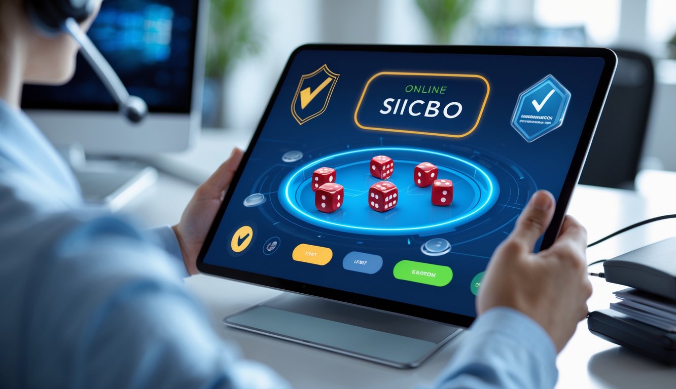 Sebuah layar perangkat digital menampilkan permainan Sicbo dengan dadu bergulir dan agen layanan pelanggan yang ramah di lingkungan kantor modern.